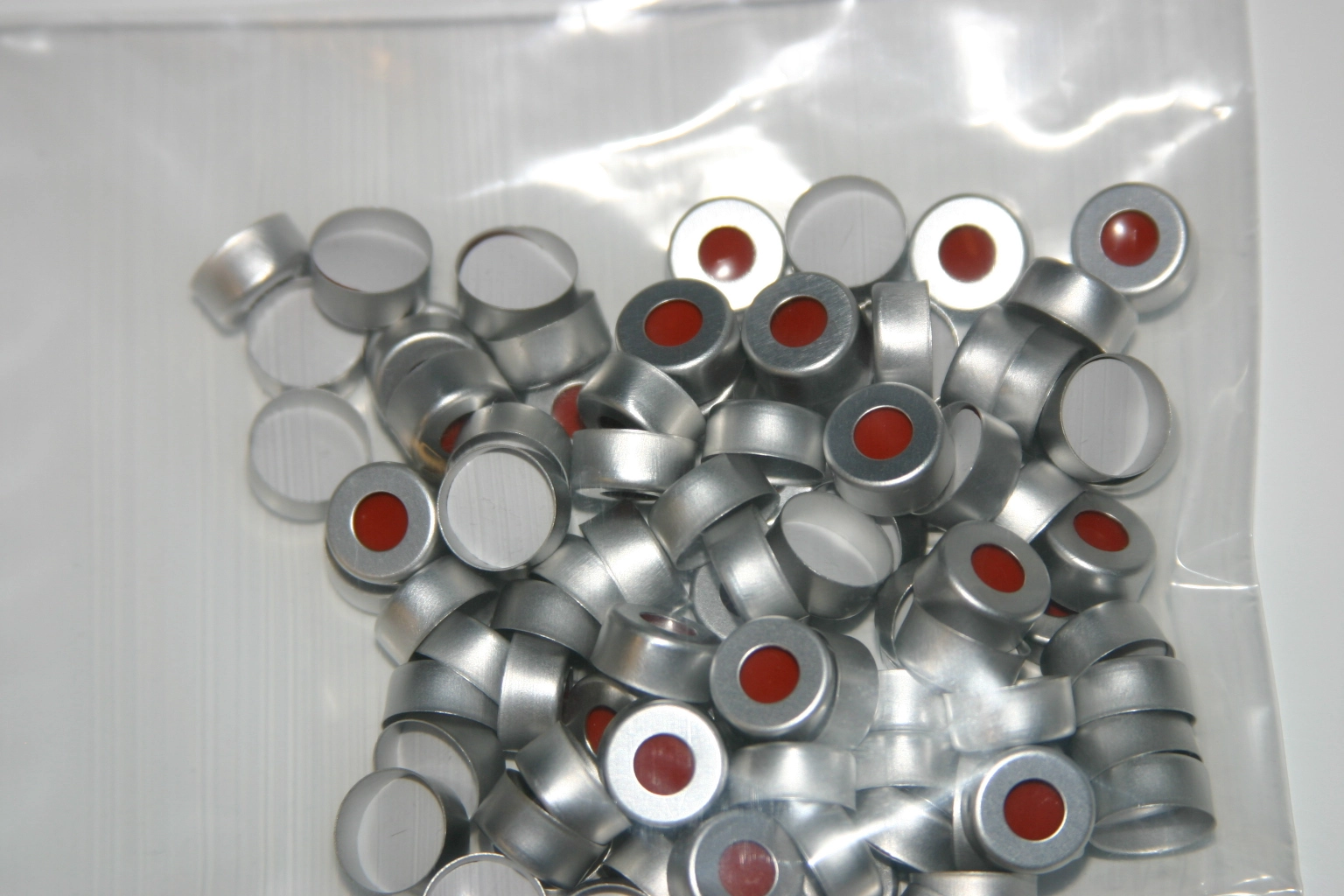 11 mm Aluminum Crimp Closures - White PTFE/Red Silicone w/slit Septum - Natural Cap Color Qty 100
