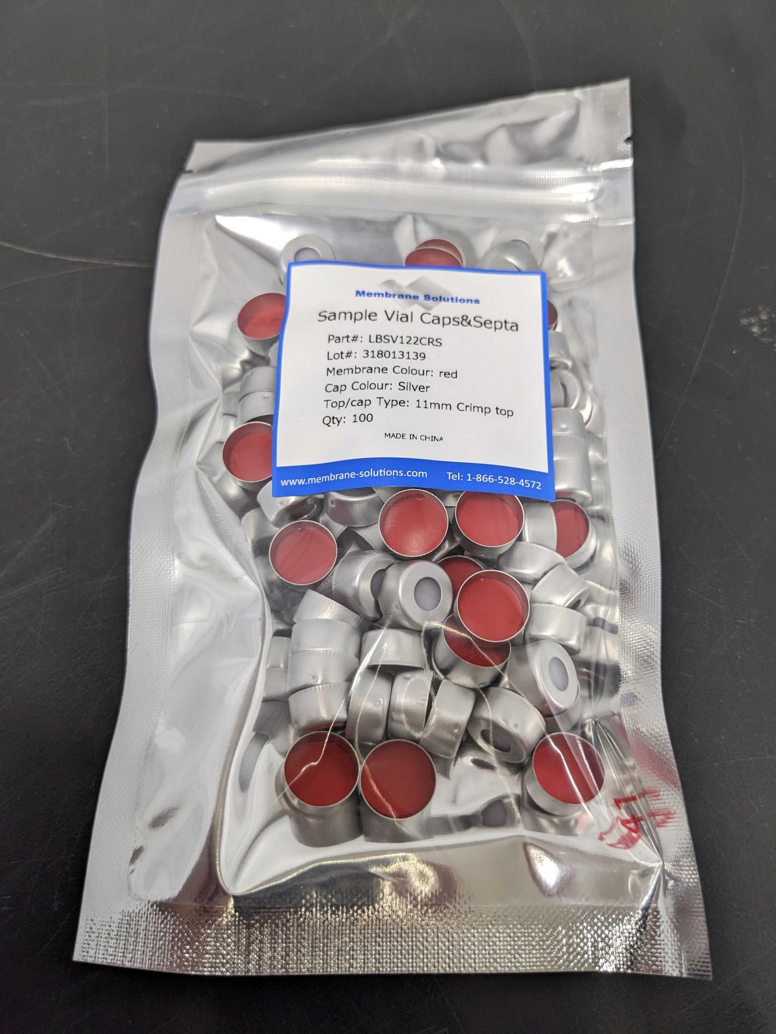 11 mm Aluminum Crimp Closures - Red PTFE/White Silicone Septum - Natural Cap Color Qty 100