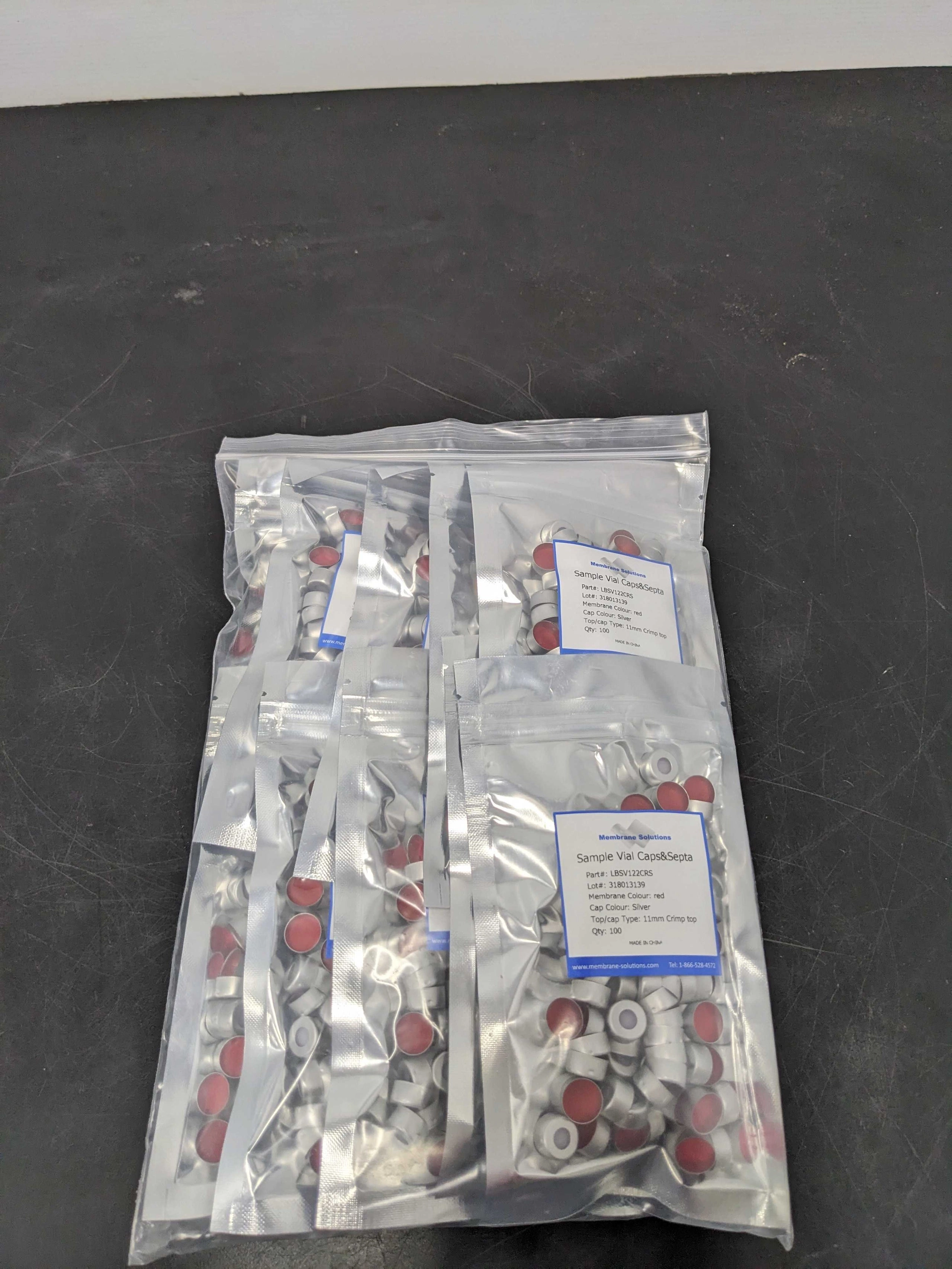 11 mm Aluminum Crimp Closures - Red PTFE/White Silicone Septum - Natural Cap Color Qty 1000