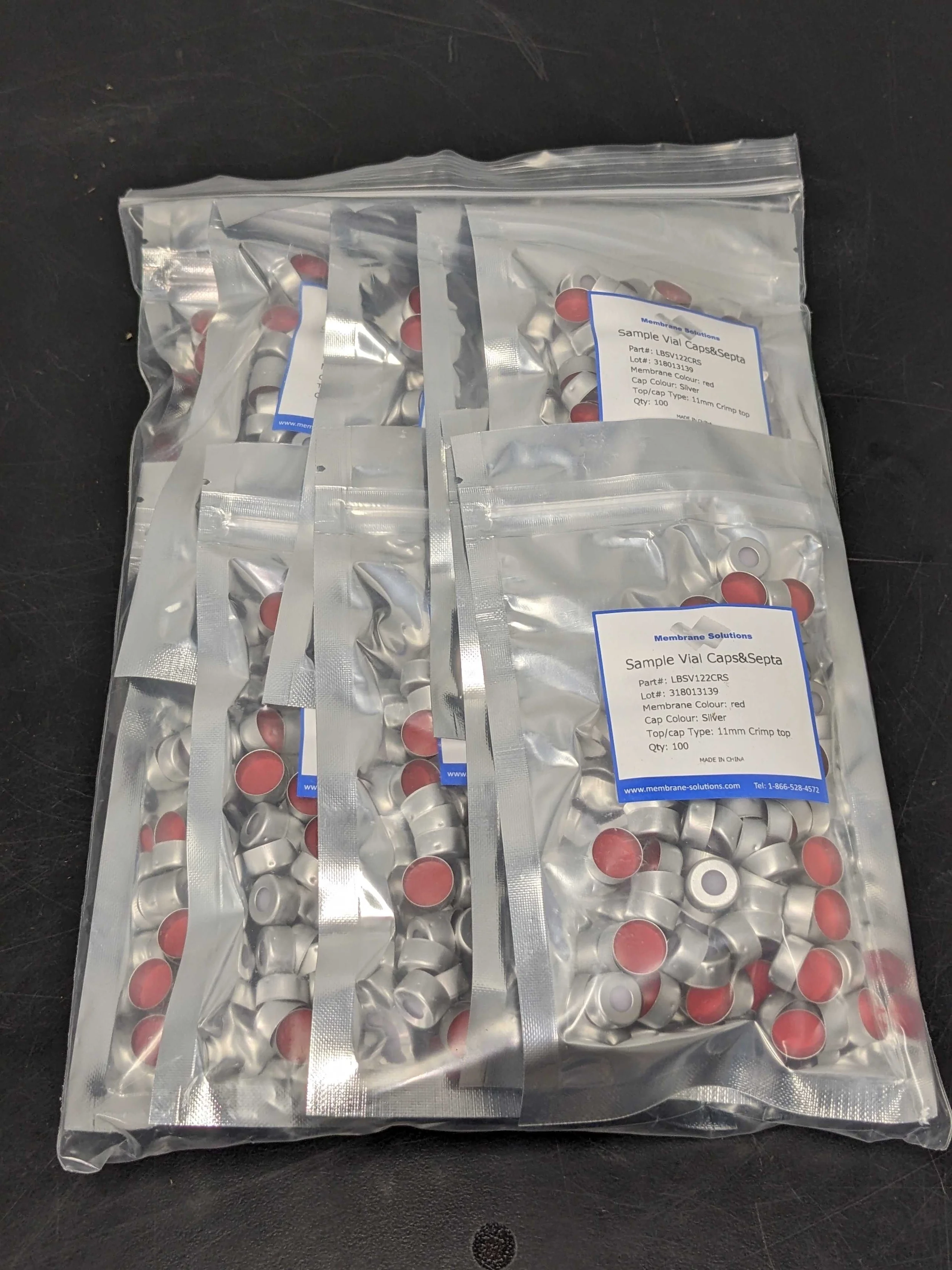 11 mm Aluminum Crimp Closures - White PTFE/Red Silicone Septum - Natural Cap Color Qty 1000