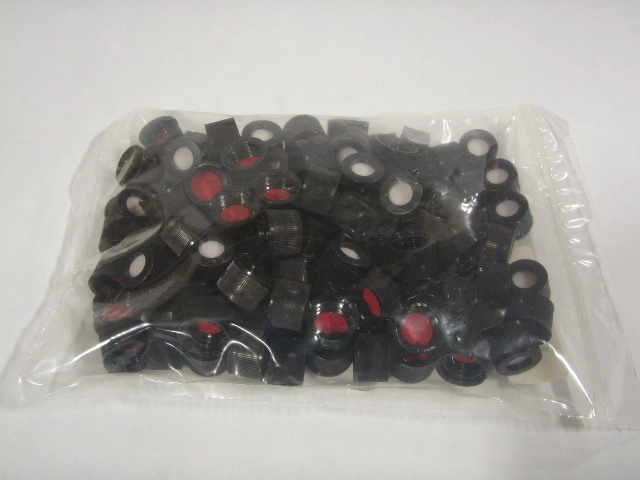 10-425 Polypropylene Screw Thread Closures  - Red PTFE/White Silicone (Bonded) Septum - Black Cap Color Qty 100
