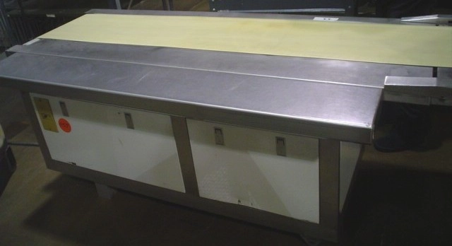 Used 60 inch long by 14 inch wide motorized belt Stainless Steel Packing Tables