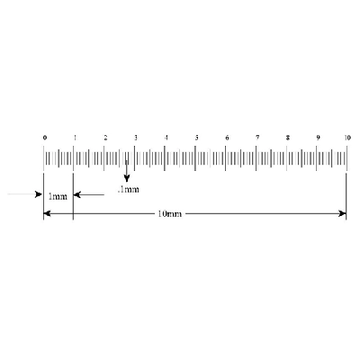 10mm in 100 divisions. Numbered 0 thru 10 Reticle