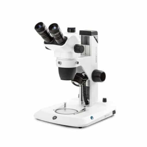 Euromex Trinocular stereo zoom microscope NexiusZoom, 0.67x to 4.5x zoom objective, magnification from 6.7x to 45x with rack and pinion stand. Incident and transmitted 3 W LED illuminations