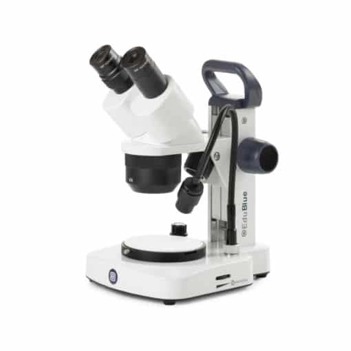 Euromex Binocular stereo microscope EduBlue, 2x/4x revolving objective, 20x/40x magnification with rack and pinion stand with two incident and one transmitted LED cordless illumination. With extra goosebeck LED illumination