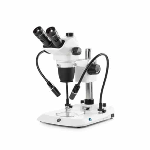Euromex Trinocular stereo zoom microscope NexiusZoom EVO, 0.65x to 5.5x zoom objective, magnification from 6.5x to 55x with pillar. Two incident LED illuminations with Gooseneck and one transmitted 3 W LED illumination