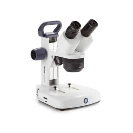 Euromex Binocular stereo microscope EduBlue, 1x/2x/4x revolving objective, 10x/20x/40x magnification with rack and pinion stand with incident and transmitted LED cordless illumination