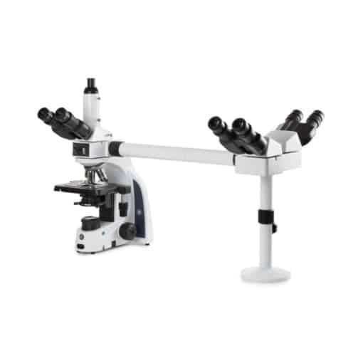 Euromex iScope trinocular multihead microscope with 2 extra binocular heads, EWF 10x/20 mm eyepieces, plan PLi 4/10/S40/S100x oil IOS objectives, rackless stage and K&ouml;hler 3 W NeoLED illumination