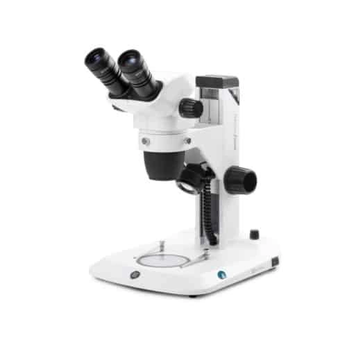 Euromex Binocular stereo zoom microscope NexiusZoom, 0.67x to 4.5x zoom objective, magnification from 6.7x to 45x with rack and pinion stand. Incident and transmitted 3 W LED illuminations