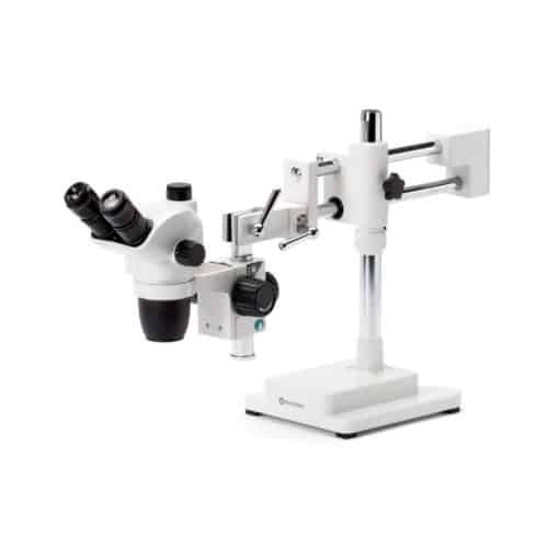 Euromex Trinocular stereo zoom microscope NexiusZoom, 0.67x to 4.5x zoom objective, magnification from 6.7x to 45x with double-arm boom stand. Without illumination
