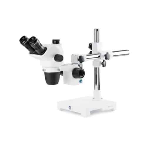 Euromex Trinocular stereo zoom microscope NexiusZoom, 0.67x to 4.5x zoom objective, magnification from 6.7x to 45x with universal one-arm stand. Without illumination