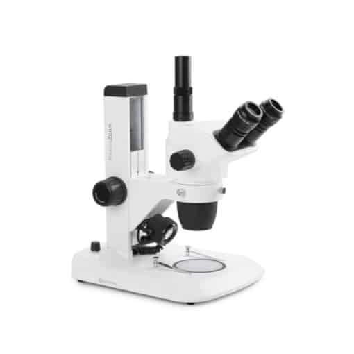 Euromex Trinocular stereo zoom microscope NexiusZoom EVO, 0.65x to 5.5x zoom objective, magnification from 6.5x to 55x with rack and pinion stand. Incident and transmitted 3 W LED illuminations