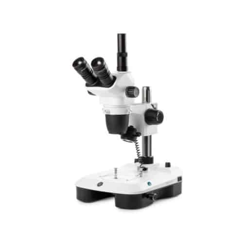 Euromex Trinocular stereo zoom microscope NexiusZoom EVO, 0.65x to 5.5x zoom objective, magnification from 6.5x to 55x with pillar. Incident 3 W LED illumination and transmitted 3 W LED illuminations with rotating mirror