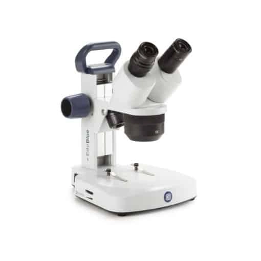 Euromex Binocular stereo microscope EduBlue, 1x/2x/3x revolving objective, 10x/20x/30x magnification with rack and pinion stand with incident and transmitted LED cordless illumination