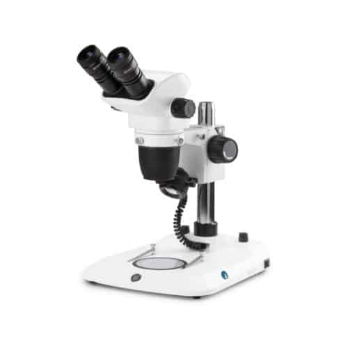 Euromex Binocular stereo zoom microscope NexiusZoom, 0.67x to 4.5x zoom objective, magnification from 6.7x to 45x with pillar stand. Incident and transmitted 3 W LED illuminations