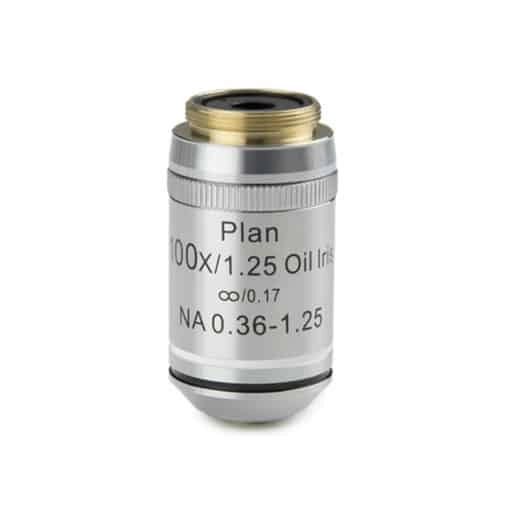 Euromex Plan PLi S100x/1.25 IOS oil-immersion objective with built-in iris diaphragm for iScope Life science. Working distance 0.13 mm