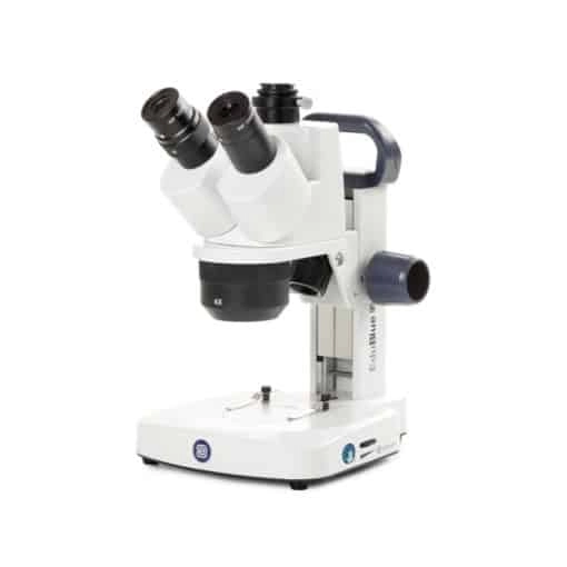 Euromex Trinocular stereo microscope EduBlue, 2x/4x revolving objective, 20x/40x magnification with rack and pinion stand with incident and transmitted LED cordless illumination