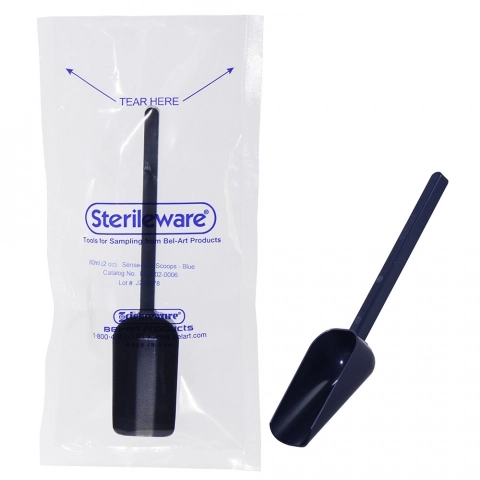 Bel-Art Sterileware Metal Detectable Sterile Sampling Scoop; 60mL, Plastic, Blue (Pack of 100)
