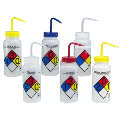 Bel-Art Safety-Labeled Assorted 4-Color Wide-Mouth Wash Bottle 11716-0050 (Pack of 6)