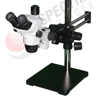 Olympus SZ6145 Trinocular Stereo Microscope on Dual Arm Ball Bearing Boom Stand, 6.7x to 45x