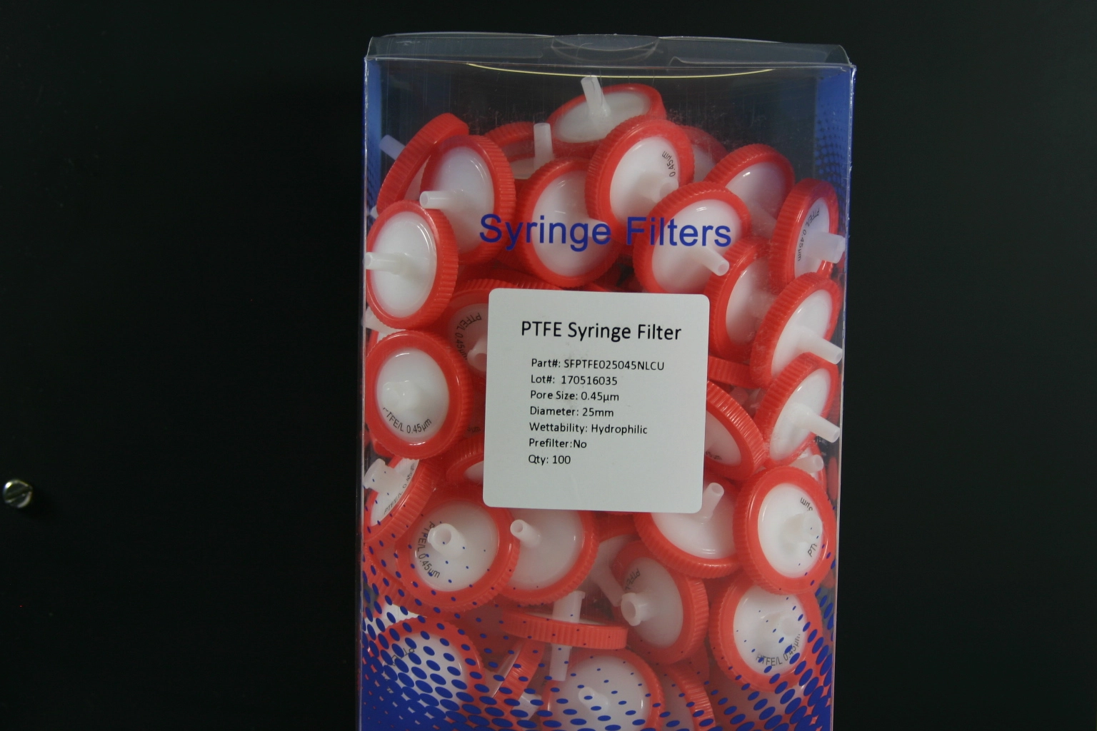 Syringe Filter Hydrophilic PTFE 25mm, 0.45um,Qty 100