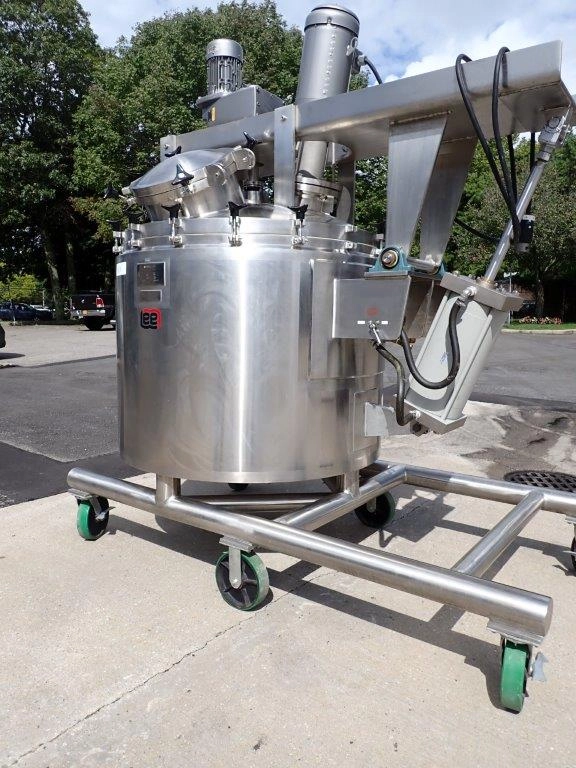 250 Gallon Lee 316 SS Sanitary Agitated Vacuum Vessel, 90 PSI Jacket, Scraper and High Shear Tilt Out Agitation