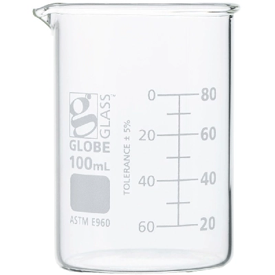 Globe Scientific 100mL Beaker , Globe Glass, Low Form Griffin Style,12/Box