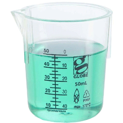 Globe Scientific 50mL Beaker, Low Form, Graduations, PMP Griffin Style, 12/Box