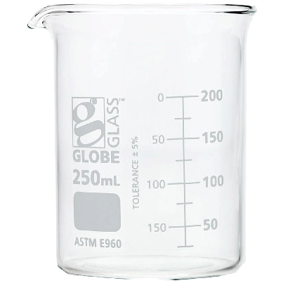 Globe Scientific 250mL Beaker , Globe Glass, Low Form Griffin Style,12/Box