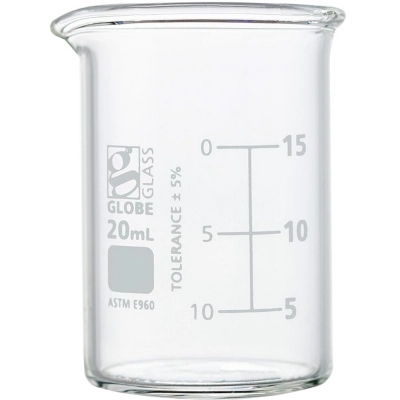 Globe Scientific 20mL Beaker , Globe Glass, Low Form Griffin Style,12/Box