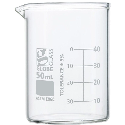 Globe Scientific 50mL Beaker , Globe Glass, Low Form Griffin Style,12/Box