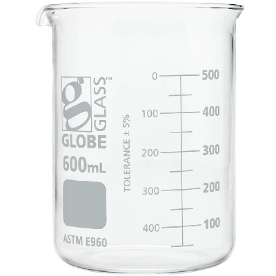 Globe Scientific 600mL Beaker , Globe Glass, Low Form Griffin Style,6/Box