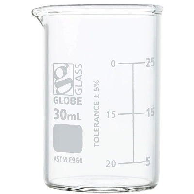 Globe Scientific 30mL Beaker , Globe Glass, Low Form Griffin Style,12/Box