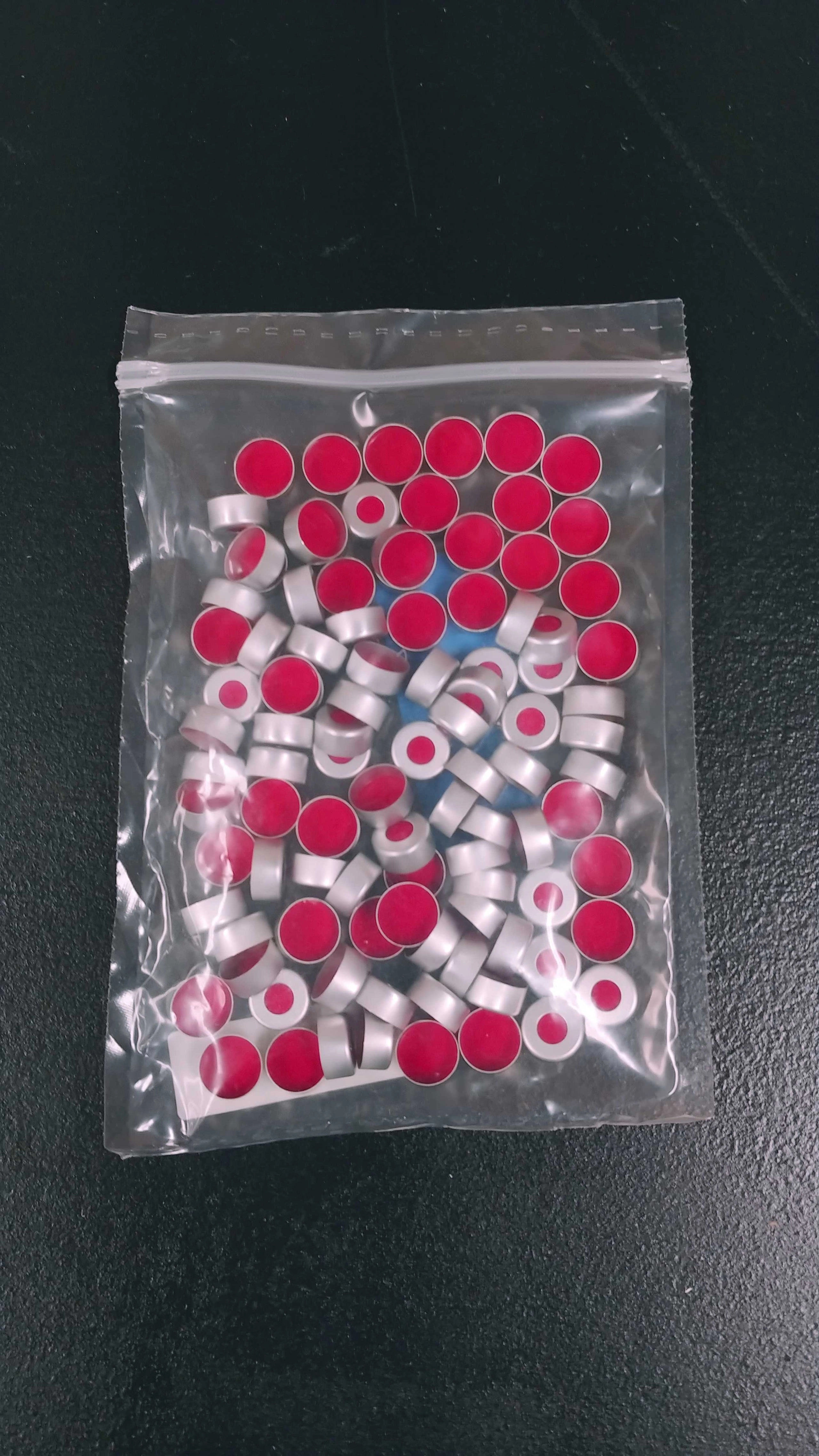 11 mm Aluminum Crimp Closures - Red PTFE/White Silicone/Red PTFE Septum - Natural Cap Color Qty 100