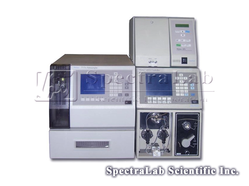 Waters HPLC system with 600 Quaternary Pump, 717 Plus Autosampler, 470 FL Detector and Degasser