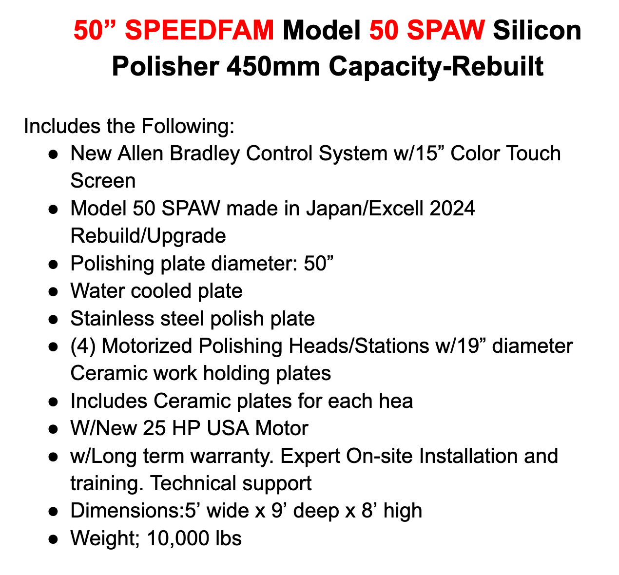 50” SPEEDFAM Model 50 SPAW Silicon Polisher 450mm Capacity-Rebuilt