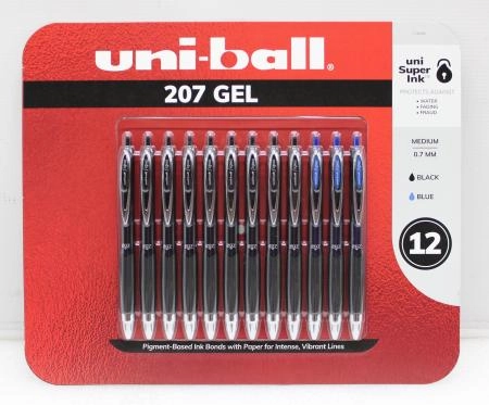 Uni-Ball 207 Gel 0.7mm Black &amp; Blue Pens 12pk