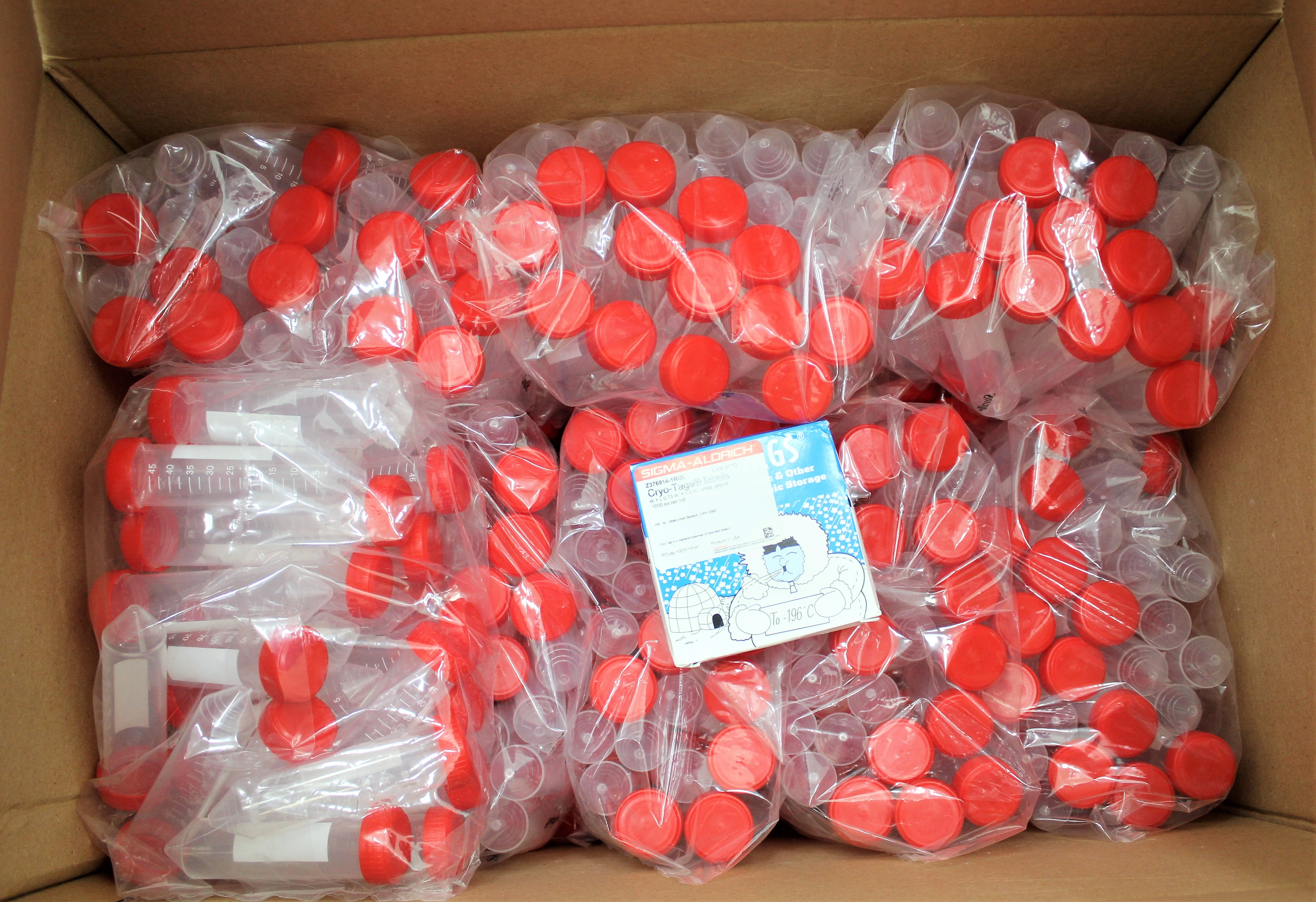 Globe Scientific 50mL Centrifuge Tube w/ Red Screwcap, 25/Bag & Cryo-tags-Labels - 3364428