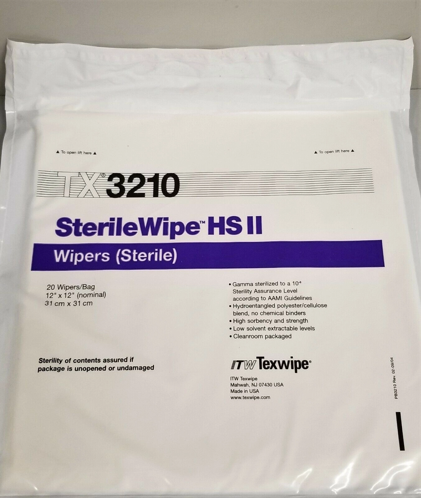 ITW Texwipe SterilWipe HS II TX3210 Sterile Wipers - 12" x 12" (Pack of 20 Wipes)