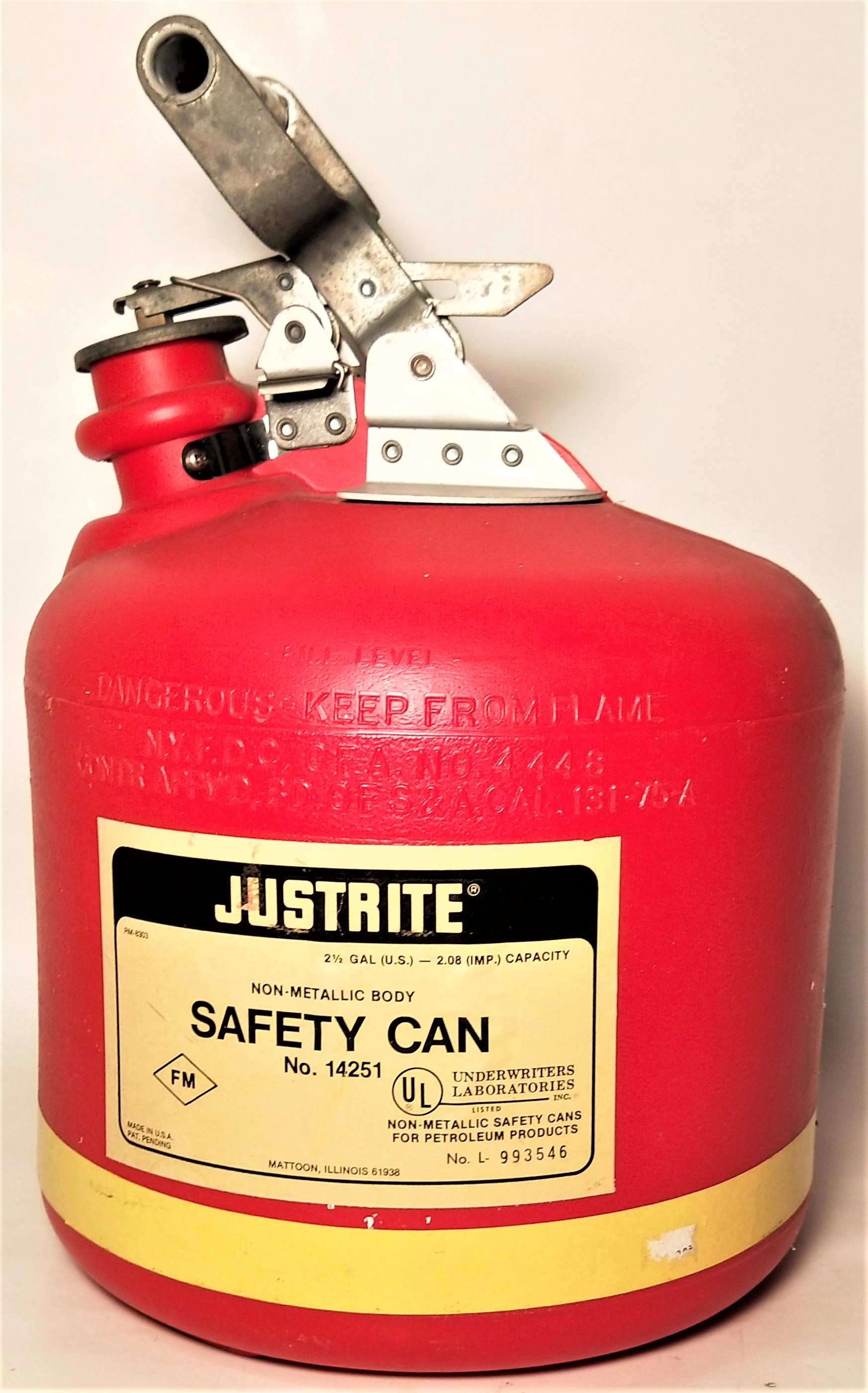 Justrite 14251 Non-Metallic Safety Can for Petroleum Products - 9.4 L (2.5 Gallon)