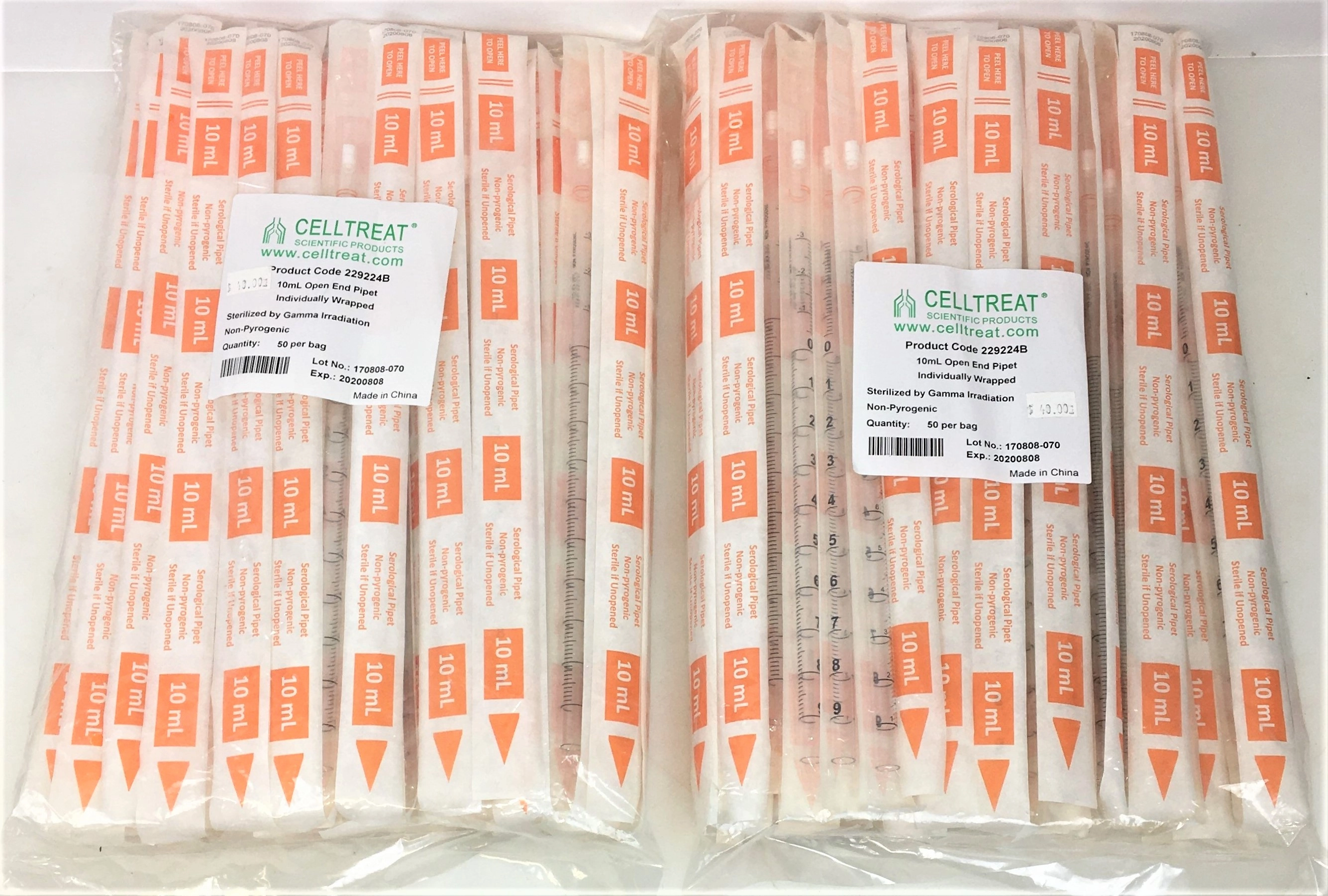 CellTreat 229224B Open-End Serological Pipet - 10mL (Pack of 50)