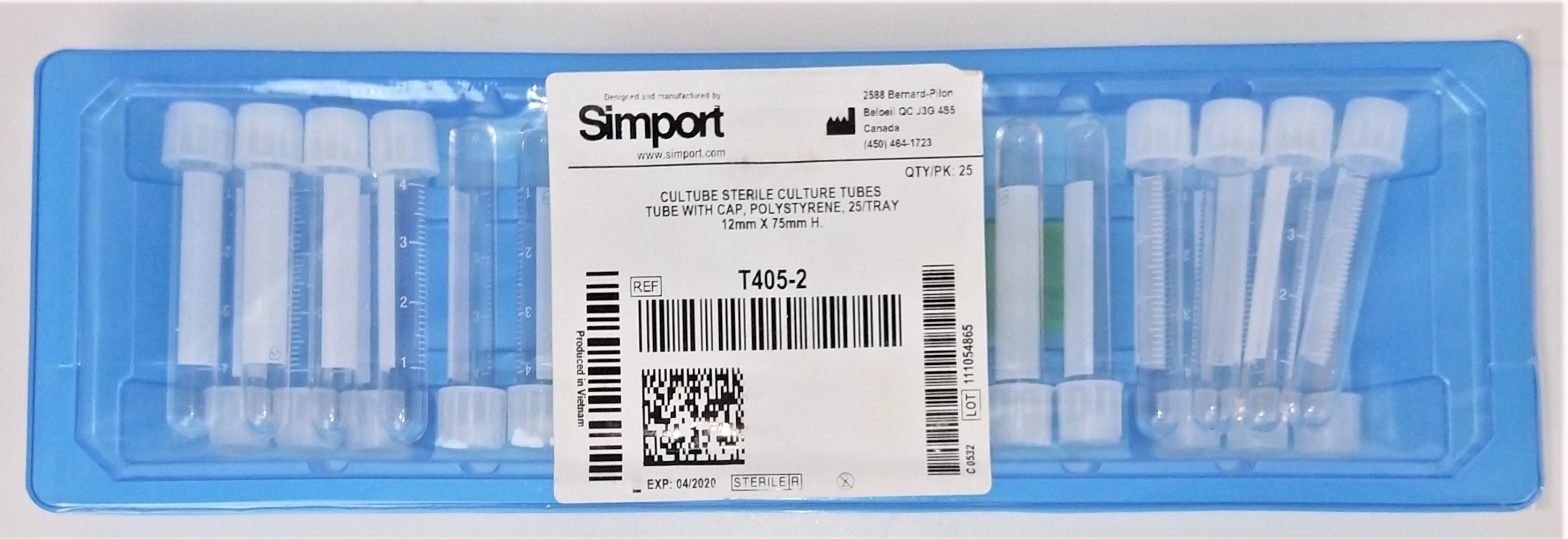 Simport Cultubes T405-2 Sterile, Disposable Culture Tubes (Tray of 25)