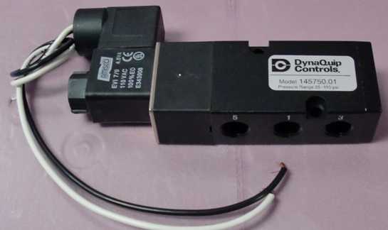 DYNAQUIP CONTROLS, SOLENOID PILOT VALVE, W/5 PORTS, M/N: 14575001, AMISCO, EVI 7/9, 110VAC, 100% ED