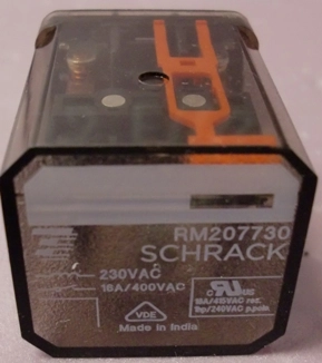 RELAY, SCHRACK RM207730, 230 VAC, 16 AMP/400 VAC, 18 AMP/415 VAC RES, 1 HP/240 VAC PPOLE, MADE IN 