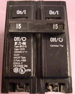 TYPE BR 215, 120/240 VOLTS, CU/AI, HACR TYPE 2 POLE J-969, E7819-T, LR-43556 DISJ, MADE BY EATON 