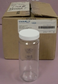 BOX OF VWR TRACECLEAN PRECLEANED 500ML JARS (12PC) CLEAR, W/LIDS, TEFLON-LINED CLOSURE, CAT NO: 15