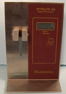 HUMONICS OPTIFLOW 520 DIGITAL FLOWMETER, # 004126, HAS BAD ON/OFF BUTTON, MISSING TUBE USE SOLD FOR