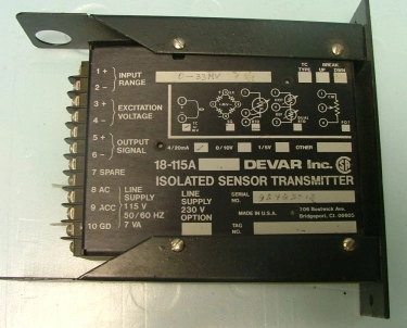 DEVAR INC ISOLATED SENSOR TRANSMITTER MODEL: 18-115A : 98483013, INPUT 0-33 MV, LINE SUPPLY 115V