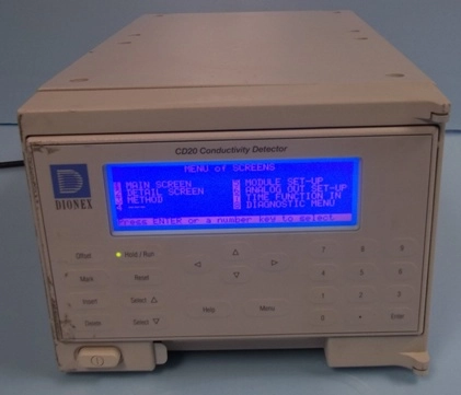 DIONEX CONDUCTIVITY DETECTOR MODEL: CD20, : 01040097, 100-240 VAC, 50/60HZ, 15 AMPS, DIGITAL SCREEN