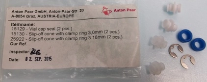 ANTON PAAR VIAL CAP SEAL (2 PCS) NO: 15129, AND ANTON PAAR SLIP-OFF CONE WITH CLAMP RING 3,0MM (2 PC